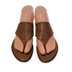 Tory Burch Weston Sz 6 M Full Logo Thong Flat Sandals Brown Tan Leather